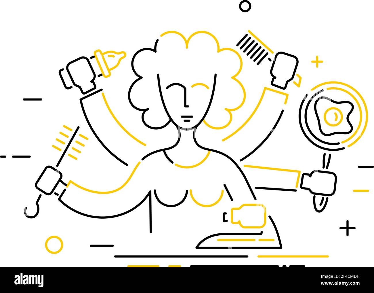 Lineare Ikone einer abstrakten Frau mit vielen Händen. Das Konzept der Hausaufgaben. Vektorgrafik Stock Vektor