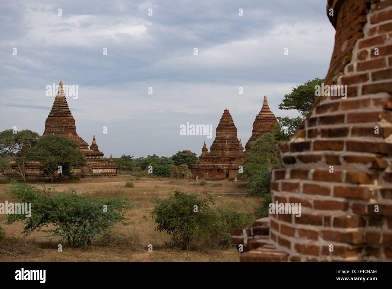 BAGAN, NYAUNG-U, MYANMAR - 3. JANUAR 2020: Alte und historische Pagodentempel, umgeben von grüner Vegetation an einem heißen Tag Stockfoto