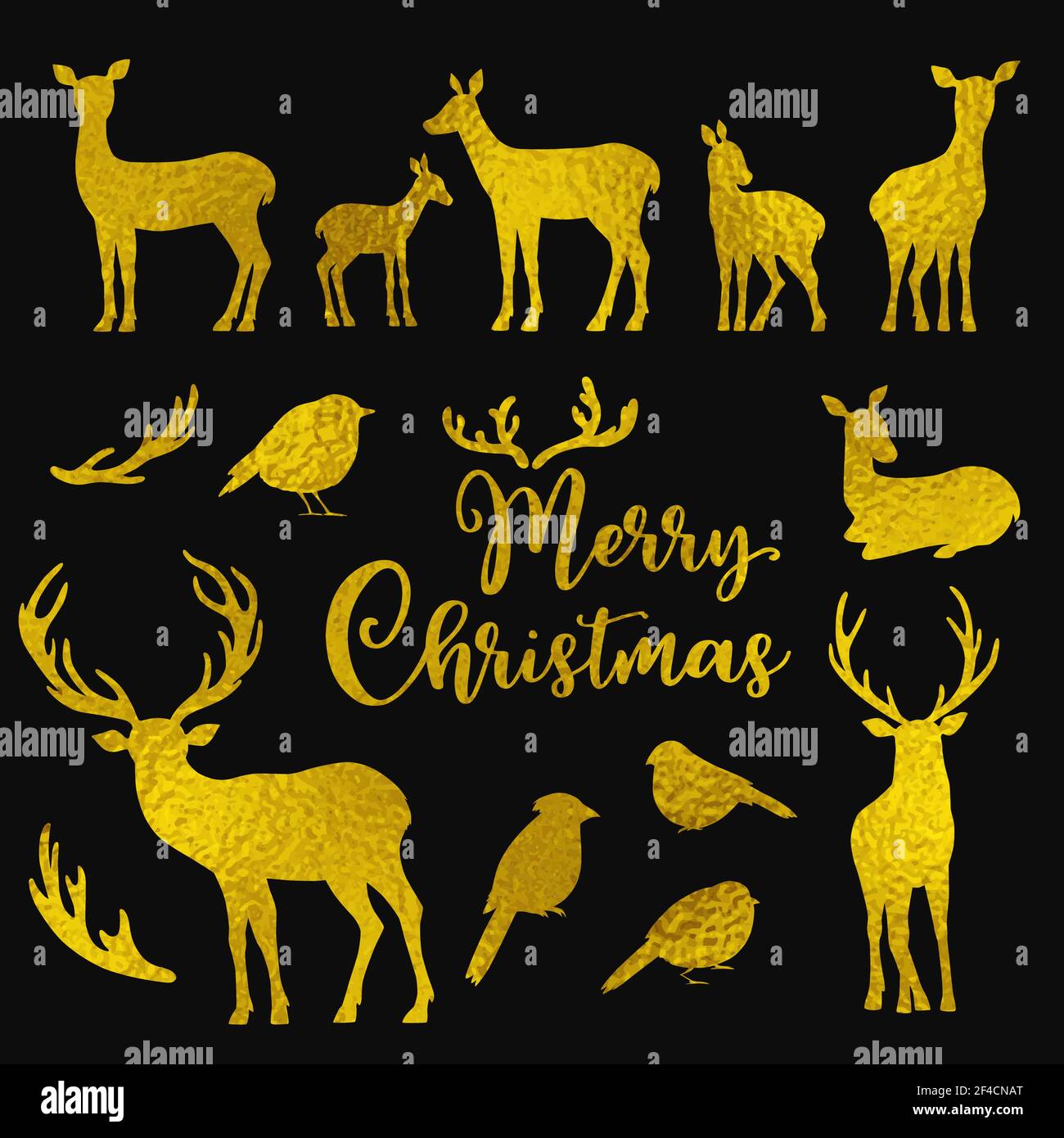 Set von Vektor-goldenen Hirschen und Vögel Silhouetten auf einem schwarzen Hintergrund. Design-Kit für Winter Weihnachten Stock Vektor