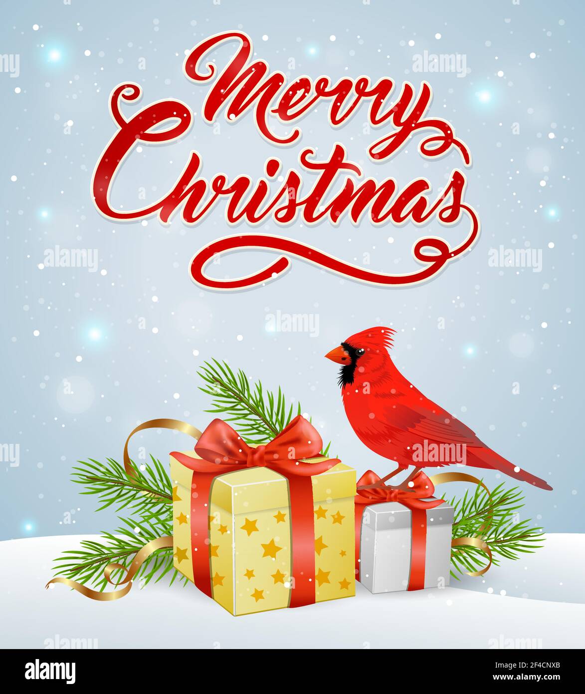 Vektor Weihnachten Hintergrund mit roten Kardinal Vogel, Geschenke und Schnee. Fröhliche Weihnachtsschrift Stock Vektor