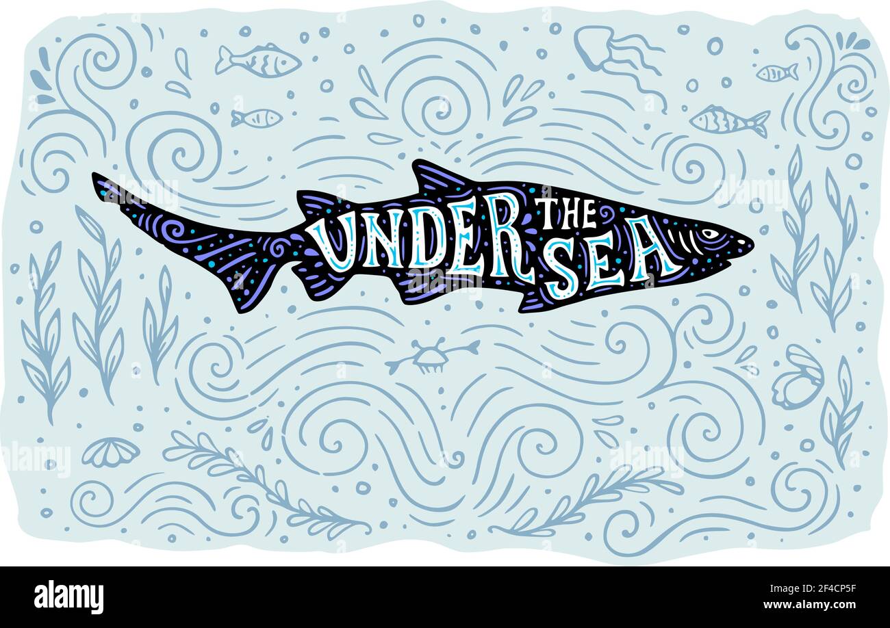 Schwarze Silhouette von Hai auf blauem Meeresgrund und Schriftzug. Natur und Meeresleben Konzept. Handgezeichnete Vektorgrafik Stock Vektor