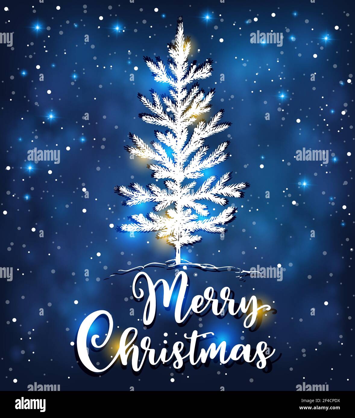 Weihnachten Vektor Hintergrund mit weißen Tannenbaum. Neujahrskarte. Fröhliche Weihnachtsschrift Stock Vektor