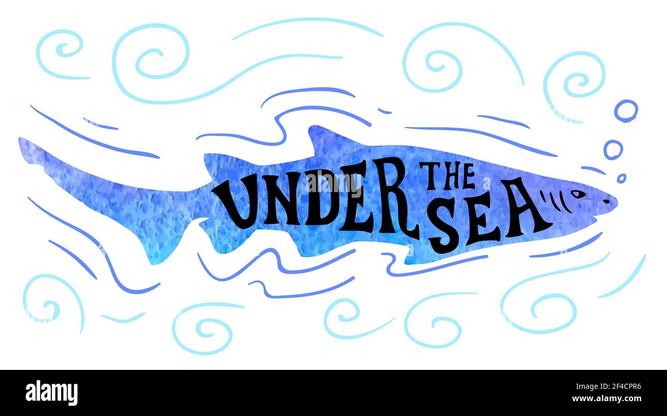 Aquarell Silhouette von Hai auf weißem Hintergrund und Schriftzug unter dem Meer. Natur und Meeresleben Konzept. Handgezeichnete Vektorgrafik Stock Vektor