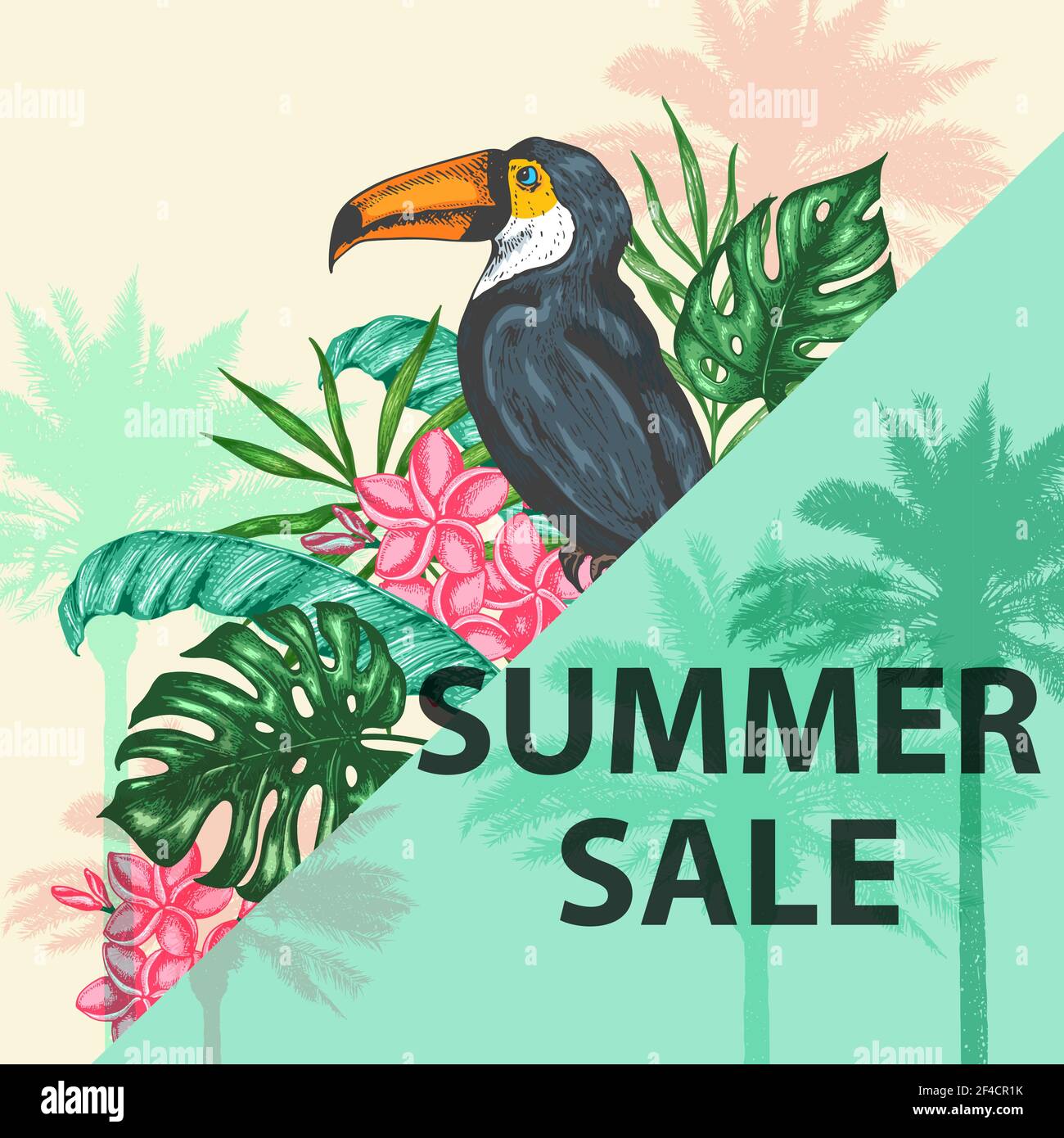 Tropischen Hintergrund mit grünen Palmen Blätter, Blüten und toucan. Design für saisonale Summer Sale. Hand Vector Illustration gezeichnet Stock Vektor