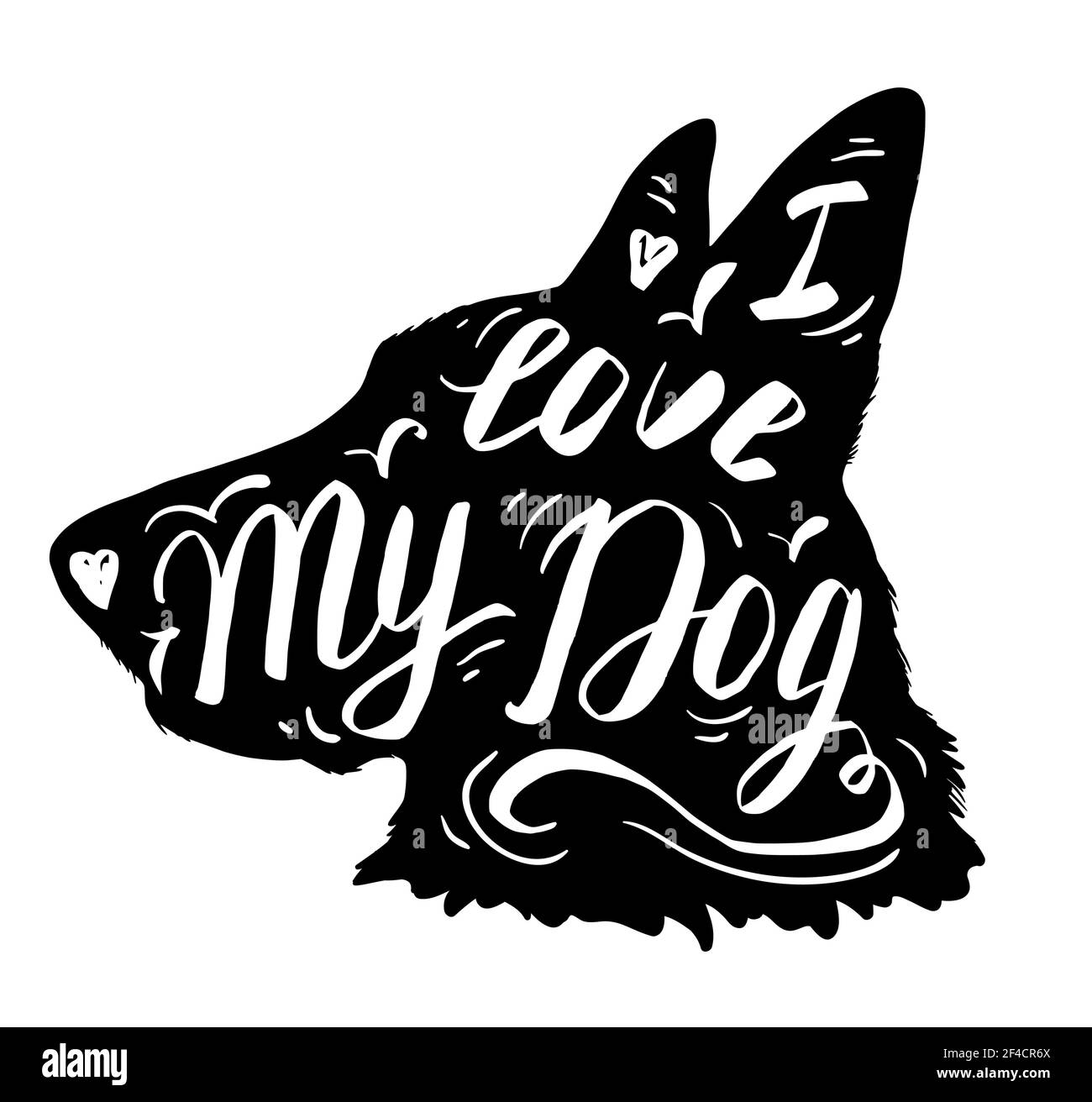 Silhouette von Schäferhund auf einem weißen Hintergrund. Handgezeichnete Vektorgrafik. Ich liebe meinen Hundelettering Stock Vektor