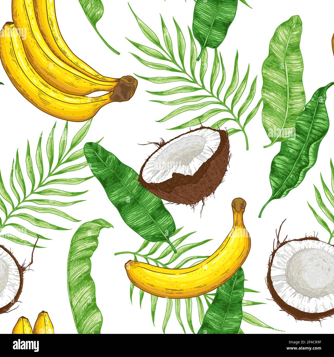 Hand tropischen nahtlose Muster mit gelben Bananen, Kokosnüsse und grüne Blätter gezeichnet. Vector Hintergrund Stock Vektor