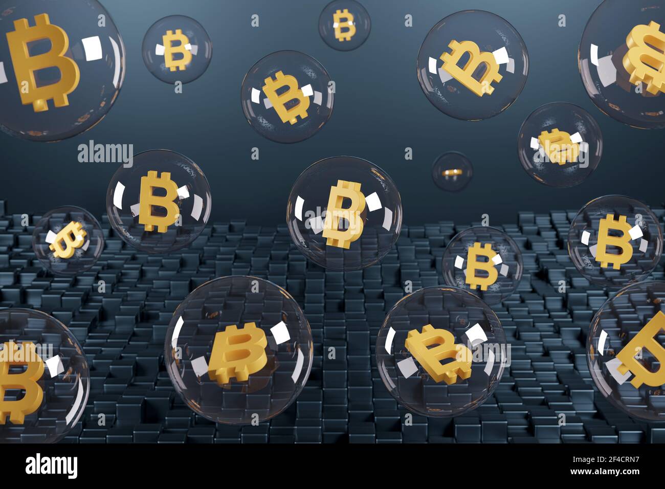 Blasen mit dem Bitcoin-Symbol im Inneren. 3D Abbildung Stockfoto