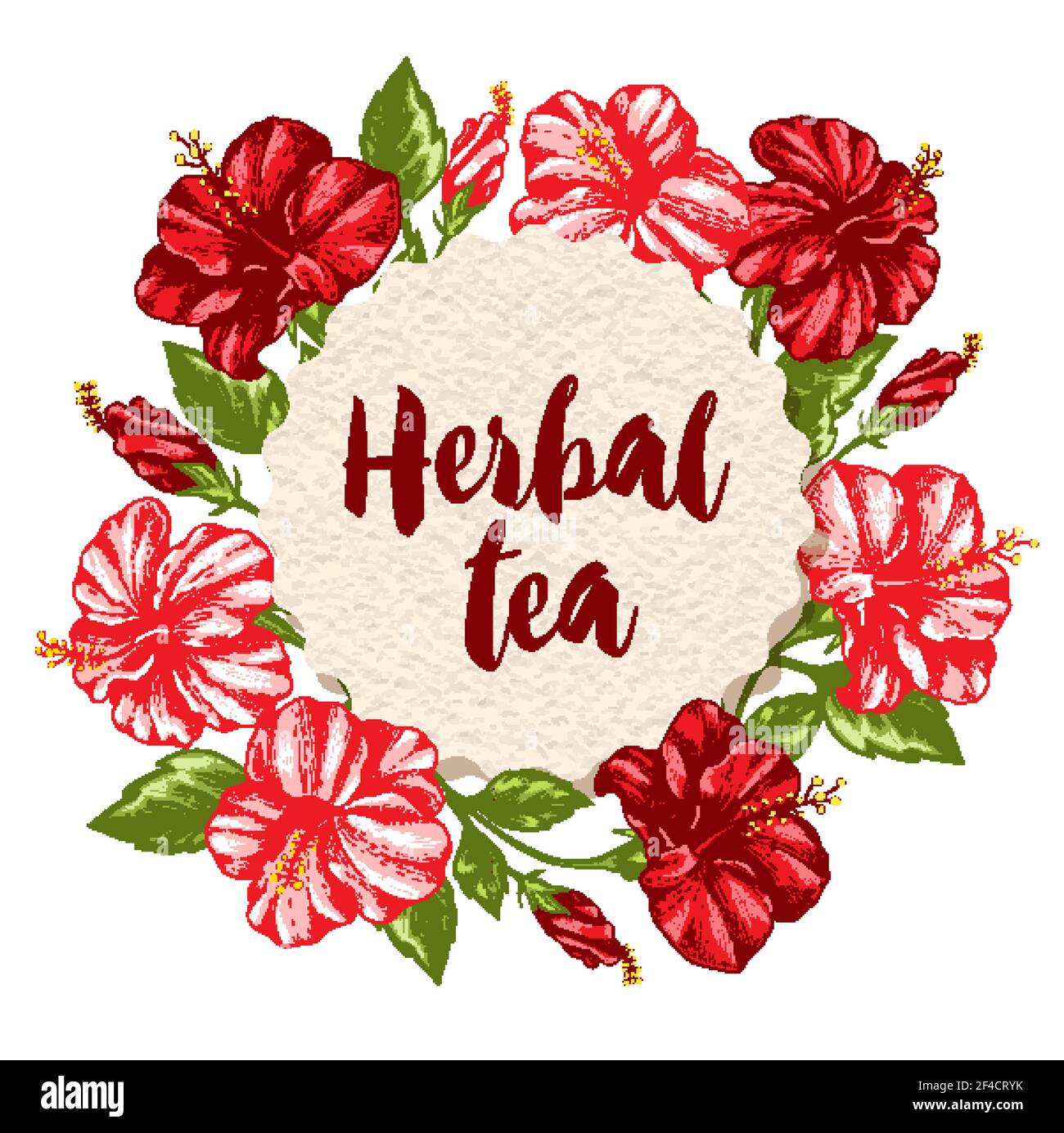 Tropischer floraler Hintergrund mit rosa und roten Hibiskusblüten und Papieretikett. Handgezeichnete Vektorgrafik. Stock Vektor