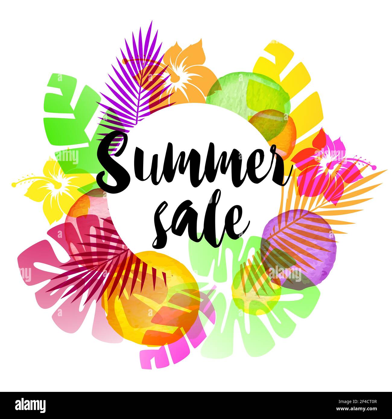 Abstrakte Sommer tropischen Hintergrund für saisonale Verkauf mit Blumen, Palmen und Aquarell blobs. Vector Illustration Stock Vektor