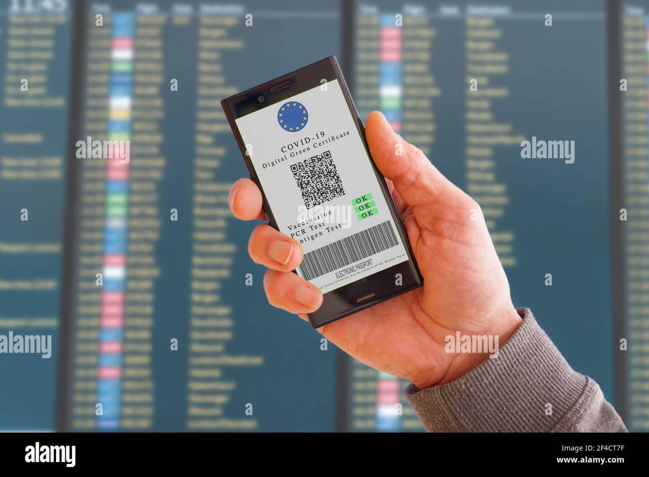 Handy in der Hand mit digitalen grünen Zertifikat der Impfung covid-19. Handy-Bildschirm mit Informationen über Impfung und Antikörper gegen covi Stockfoto
