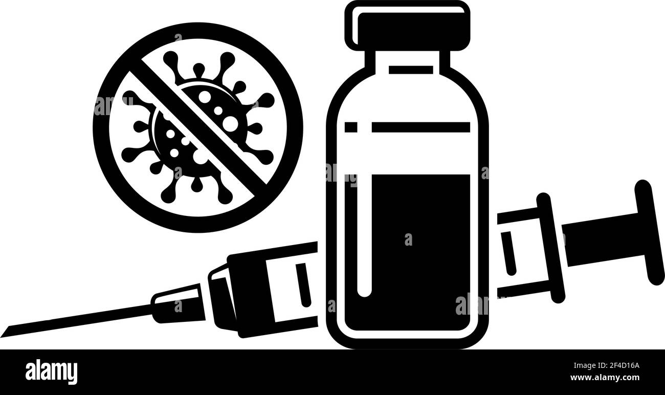 Covid-19 Coronavirus-Impfstoff flaches Symbol. Spritze und Impfstofffläschchen, Stop Coronavirus Zeichen. Vektor auf transparentem Hintergrund Stock Vektor