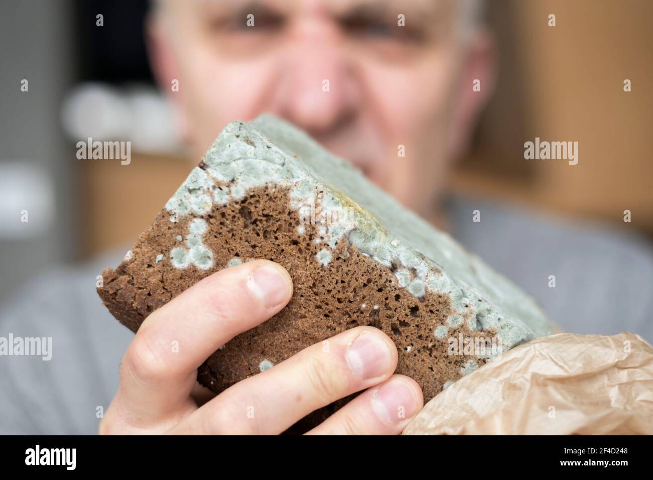 Ein Mann hält und riecht ein schimmeliges Brot, Fokus in den Vordergrund Stockfoto