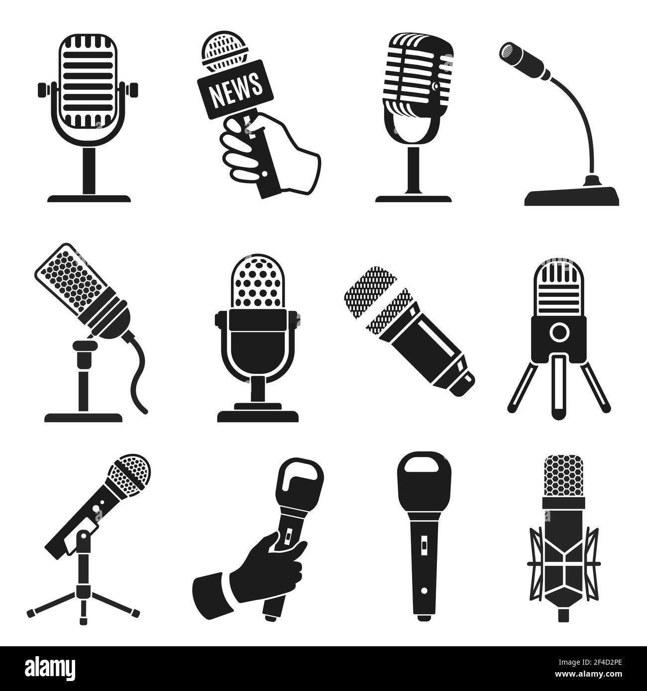 Mikrofonsilhouette. Moderne und alte Vintage-Mikrofon-Ikonen. Musik- oder Podcast-Aufnahme. Logo-Element für Karaoke- und Radioübertragungsvektorsatz. Illustra Stock Vektor