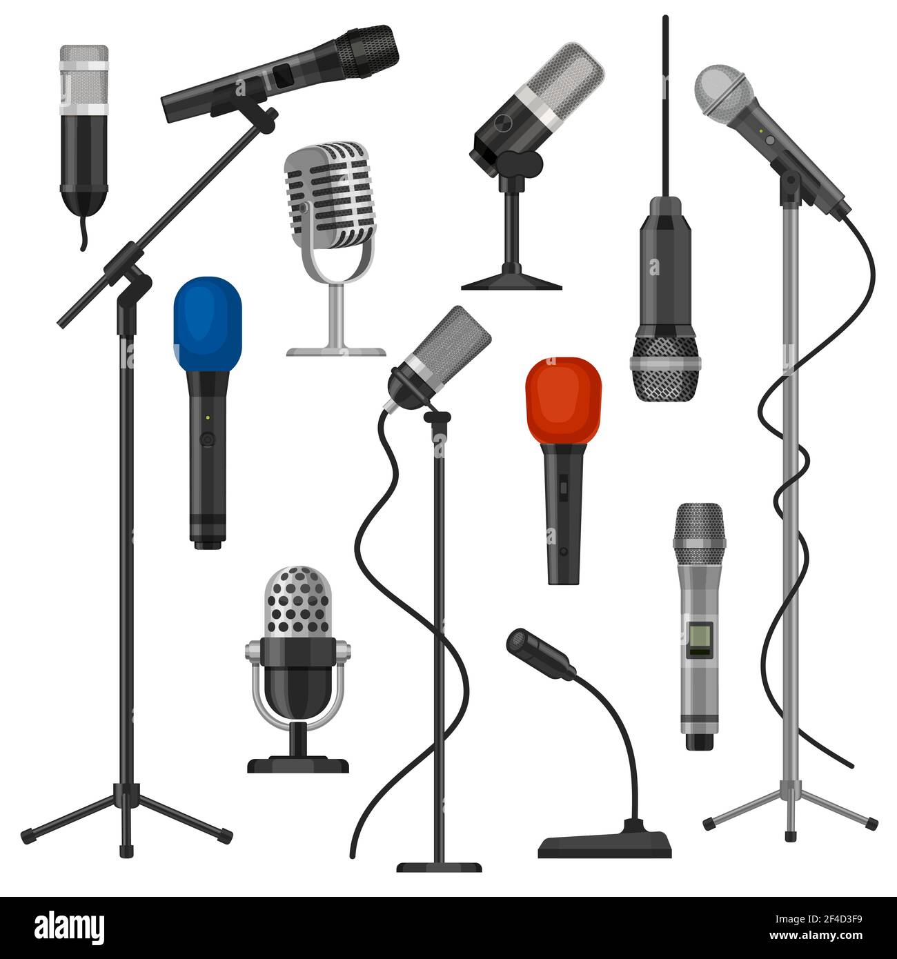 Mikrofone auf Stativen. Sänger Mikrofon mit Draht für die Bühne. Musikstudio Audio-Aufnahme-Ausrüstung. Cartoon Radio Mikrofon Vektor-Set. Illustrat Stock Vektor