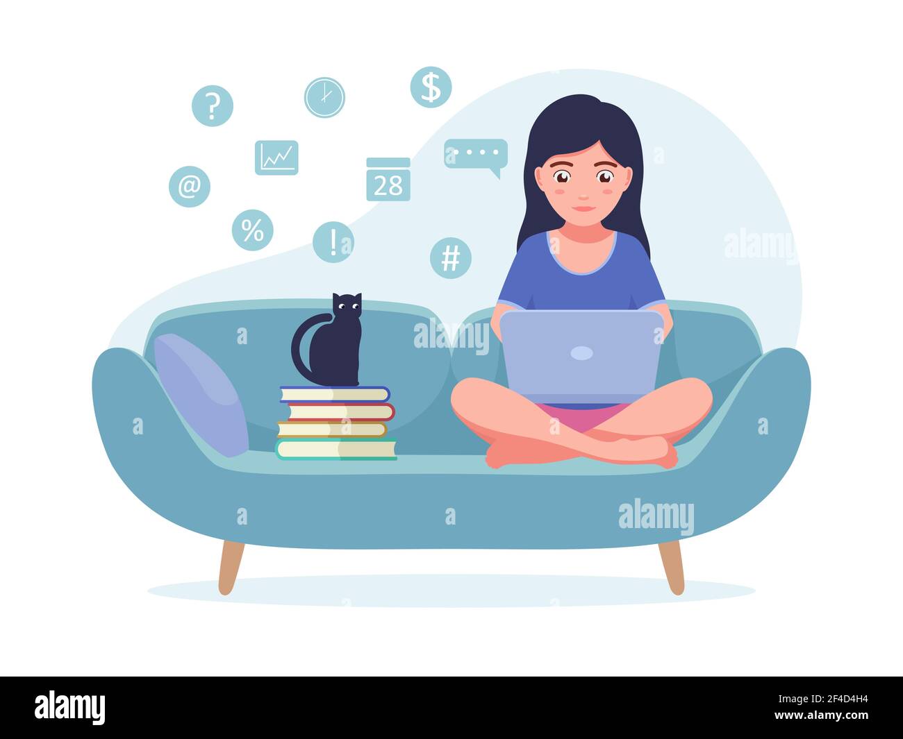 Mädchen sitzt auf der Couch mit einem Laptop. Junge schöne freiberufliche Mädchen arbeiten zu Hause bei ihrem Laptop. Vektordarstellung isoliert auf weißem, flachem Stall Stock Vektor