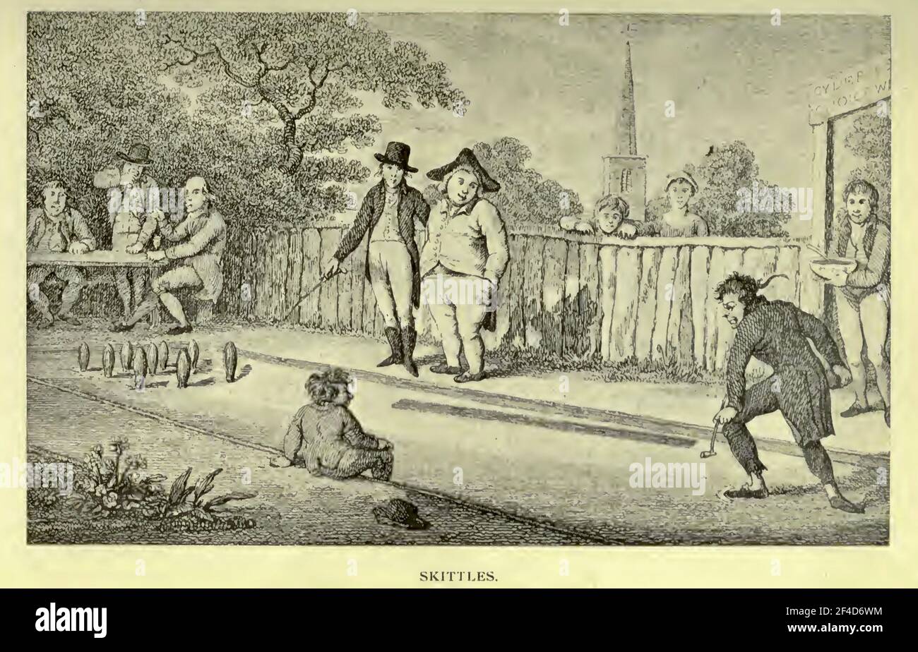 Retro Vintage-Bild der englischen Dorf sozialen Versammlung, in der Trinken und ein Spiel von Kegeln genossen werden. Kirche im Hintergrund. Stockfoto