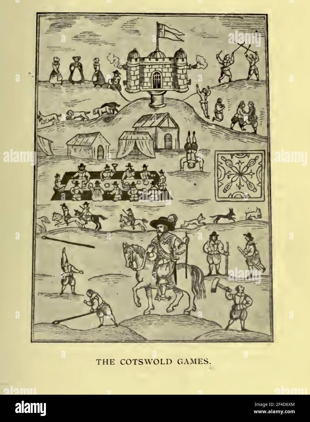 Bild aus dem Jahr 1636, das die Cotswold Games zeigt - Robert Dover, der Gründer der Spiele, ist zu Pferd und trägt einen Zauberstab. Eine fröhliche Zeit hatten alle. Stockfoto