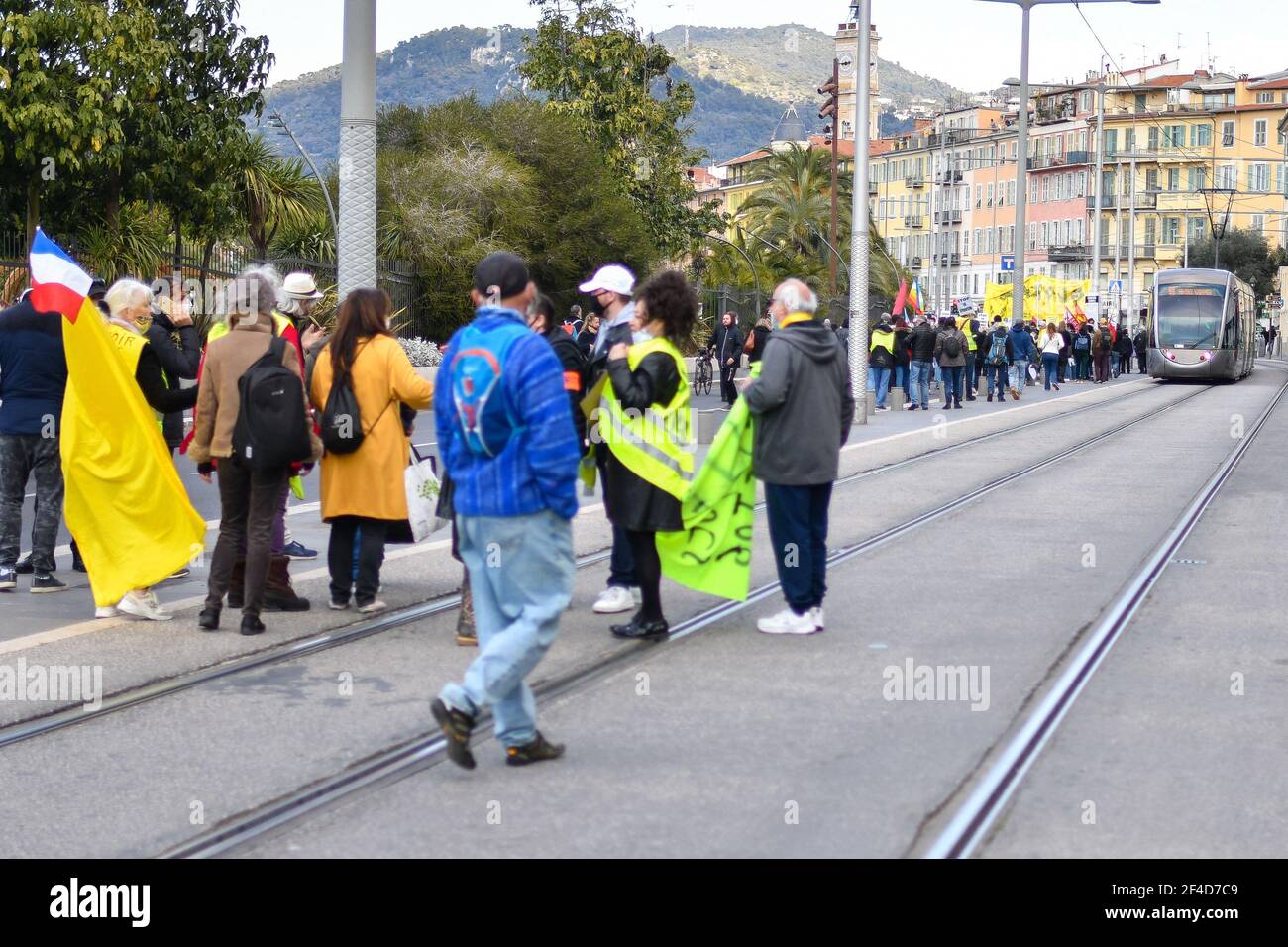 Demonstration gegen das globale Sicherheitsgesetz in Nizza, Frankreich, am 20. März 2021. Foto von Lionel Urman/ABACAPRESS.COM Stockfoto