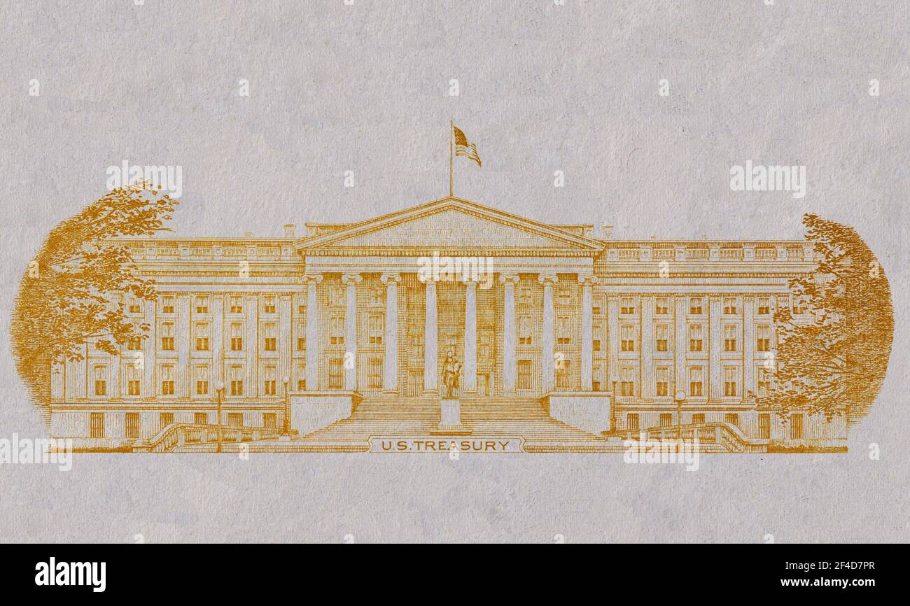 golden texturierte US-Schatzkammer Gebäude geschnitten von 10 Dollar Banknote für Desin Zweck Stockfoto