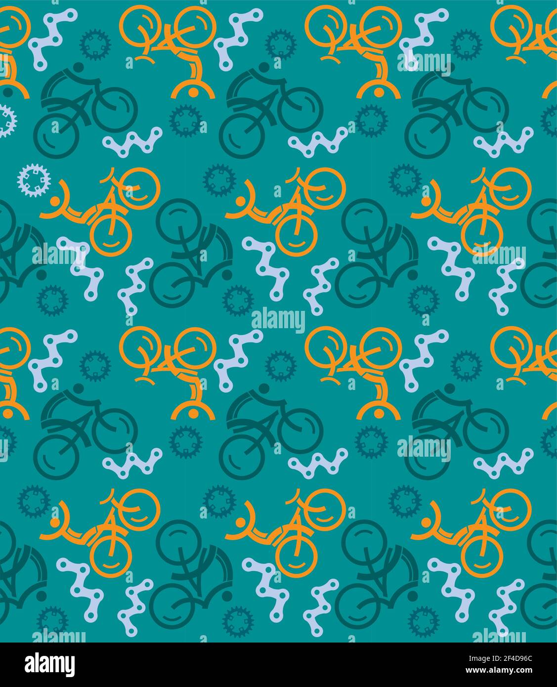 Radsport-Ikonen, Nahtloses Dekorationsmuster. Farbenfroher Hintergrund mit Radfahrern und Fahrradteilen Symbolen. Vektor verfügbar. Stock Vektor