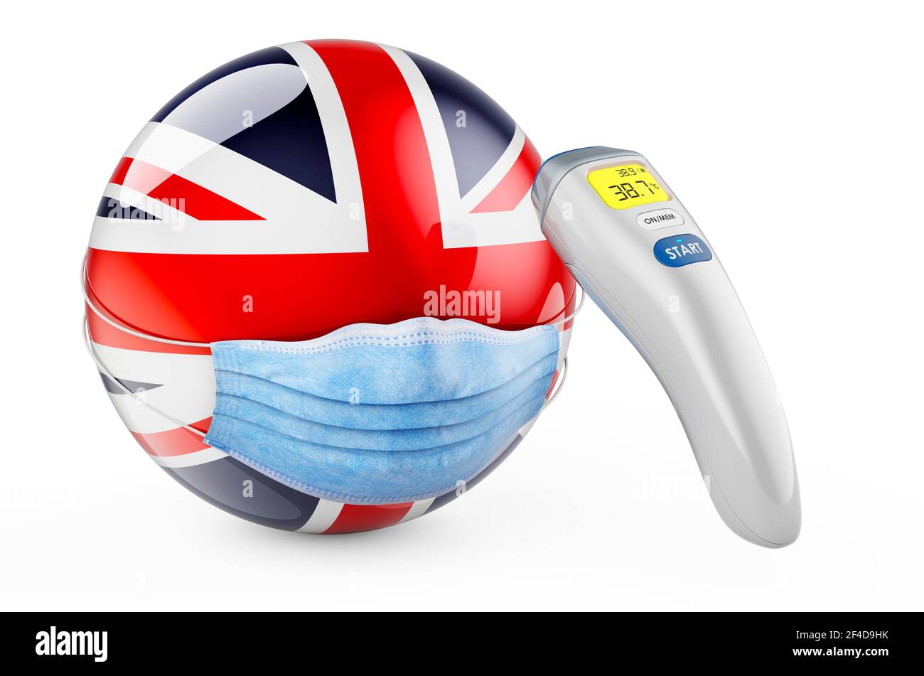 Britische Flagge mit medizinischer Maske und elektronischem Infrarot-Thermometer. Pandemie im britischen Konzept, 3D isoliert auf weißem Hintergrund Stockfoto