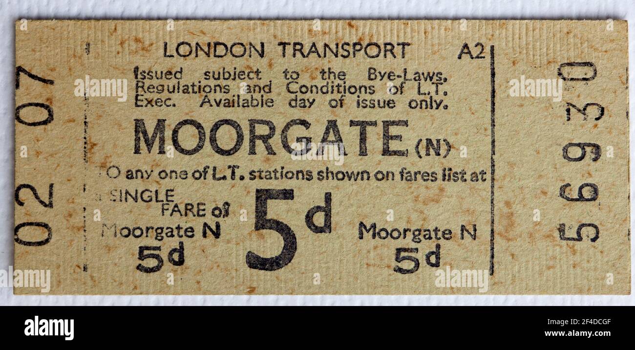 1950s London Transport U-Bahn oder U-Bahn-Ticket von Moorgate Station Stockfoto