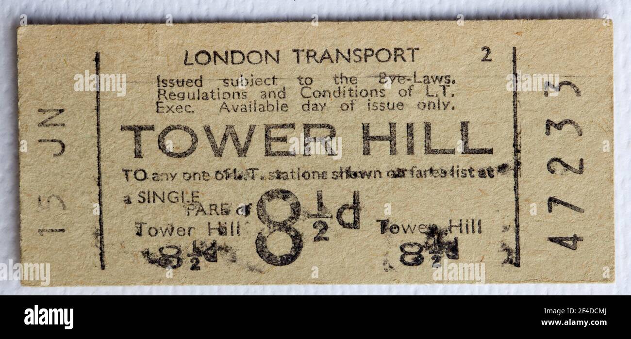 1950s London Transport U-Bahn- oder U-Bahn-Ticket vom Tower Hill Station Stockfoto