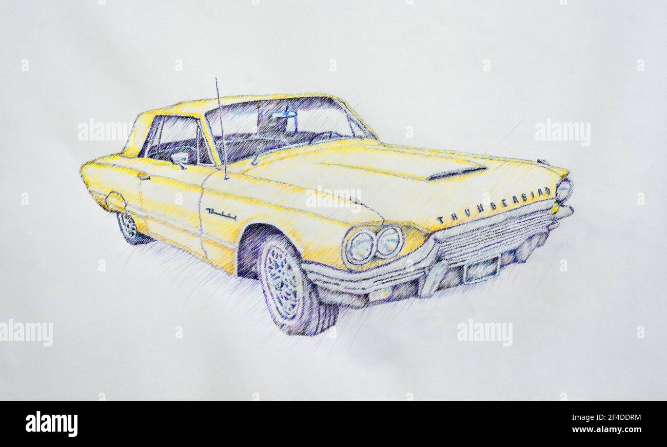 Bleistiftzeichnung von Classic Ford Thunderbird Yellow American Car auf weißem Hintergrund. Stockfoto