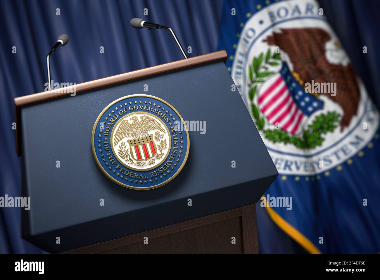 Federal Reserve System Fed of USA Chairman Pressekonferenz Konzept. Tribüne mit Symbol und Flagge von Fedreal Reserve. 3D Abbildung Stockfoto