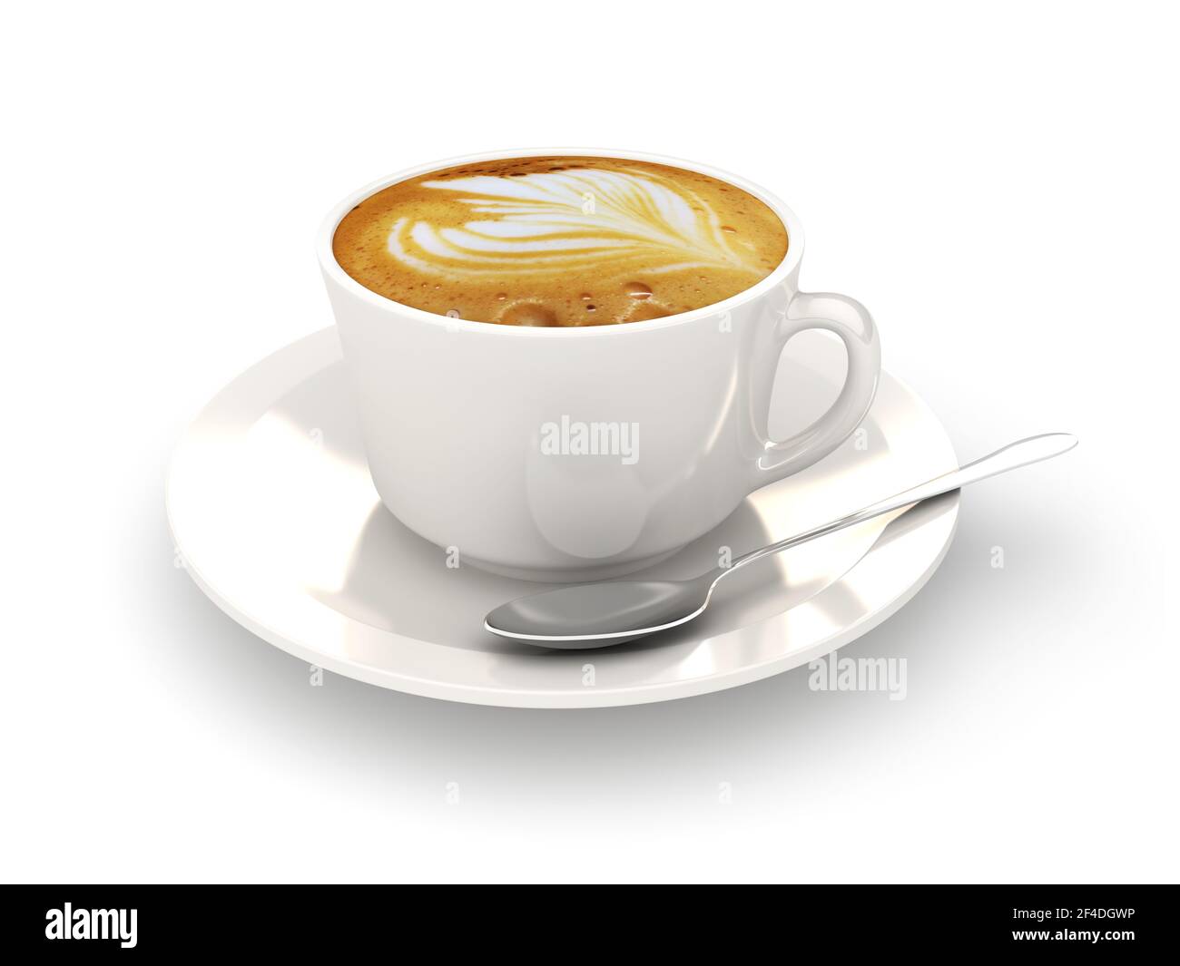 Weiße Cappuccino-Kaffeetasse mit einem silbernen Löffel isoliert auf Ein Weiß Stockfoto