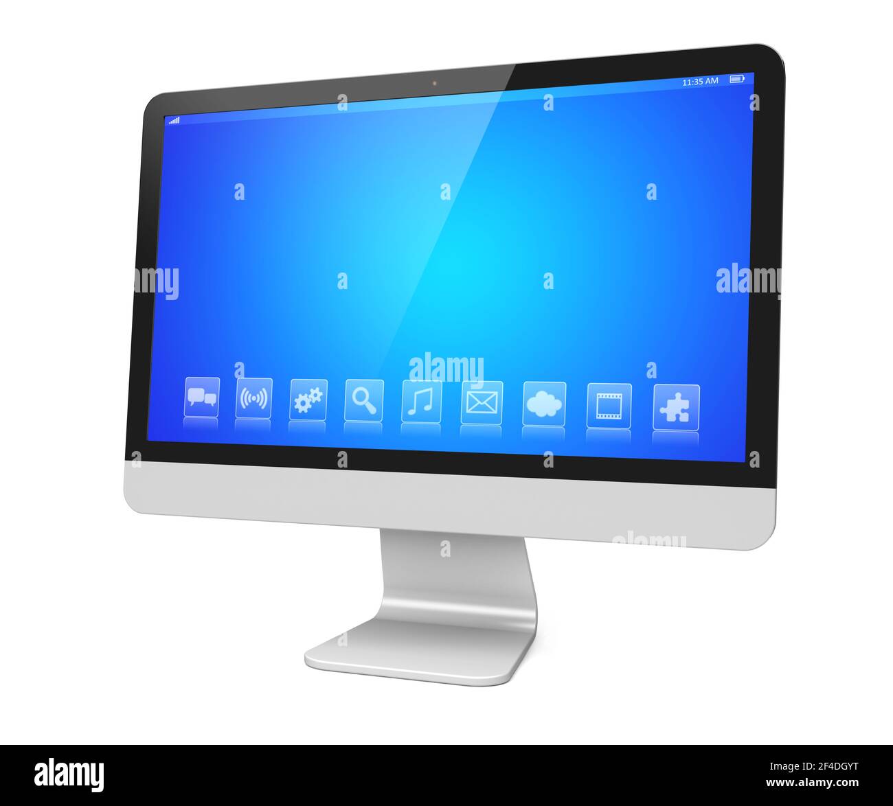 Computer-pc-Wide-Monitor mit einem blauen Bildschirm und Apps Stockfoto