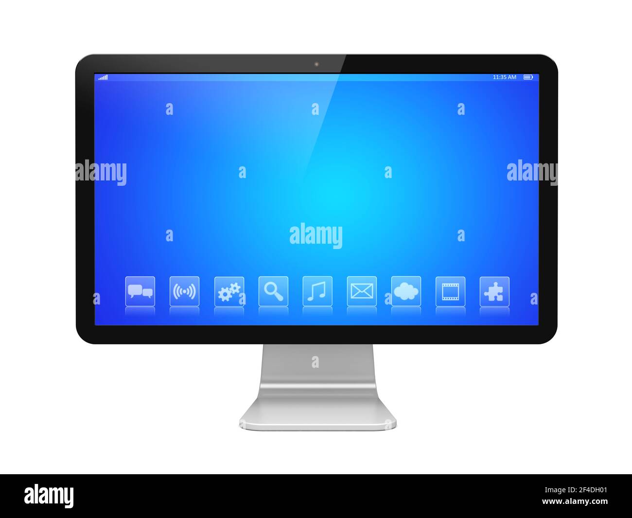 Desktop-pc-Computer und ein blauer Bildschirm auf Breitbildschirm mit Apps. Isoliert auf Weiß. 3D gerendertes Bild Stockfoto