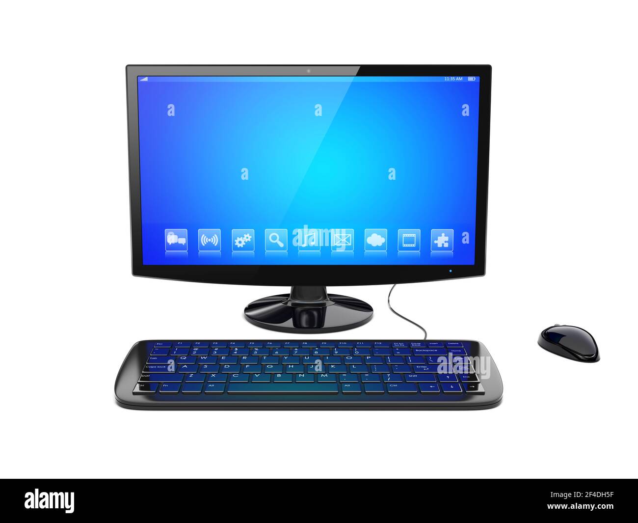 Schwarzer Desktop-pc-Computer mit Tastatur und Maus, und ein blauer Bildschirm mit Apps. Isoliert auf Weiß. 3D gerendertes Bild Stockfoto