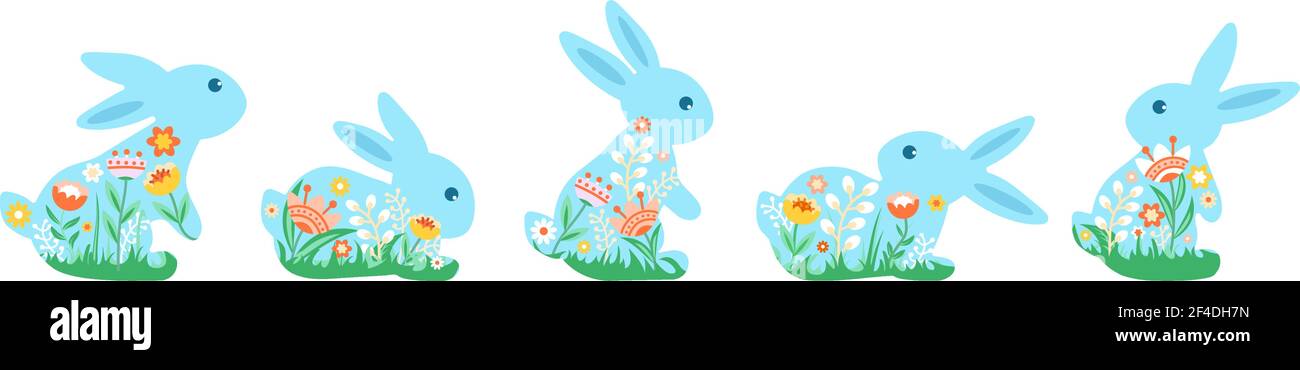 Ein Set von niedlichen bunten Hasen mit Blumen verziert. Dekorative Vektor-Illustrationen einer fröhlichen Osterikone Stock Vektor