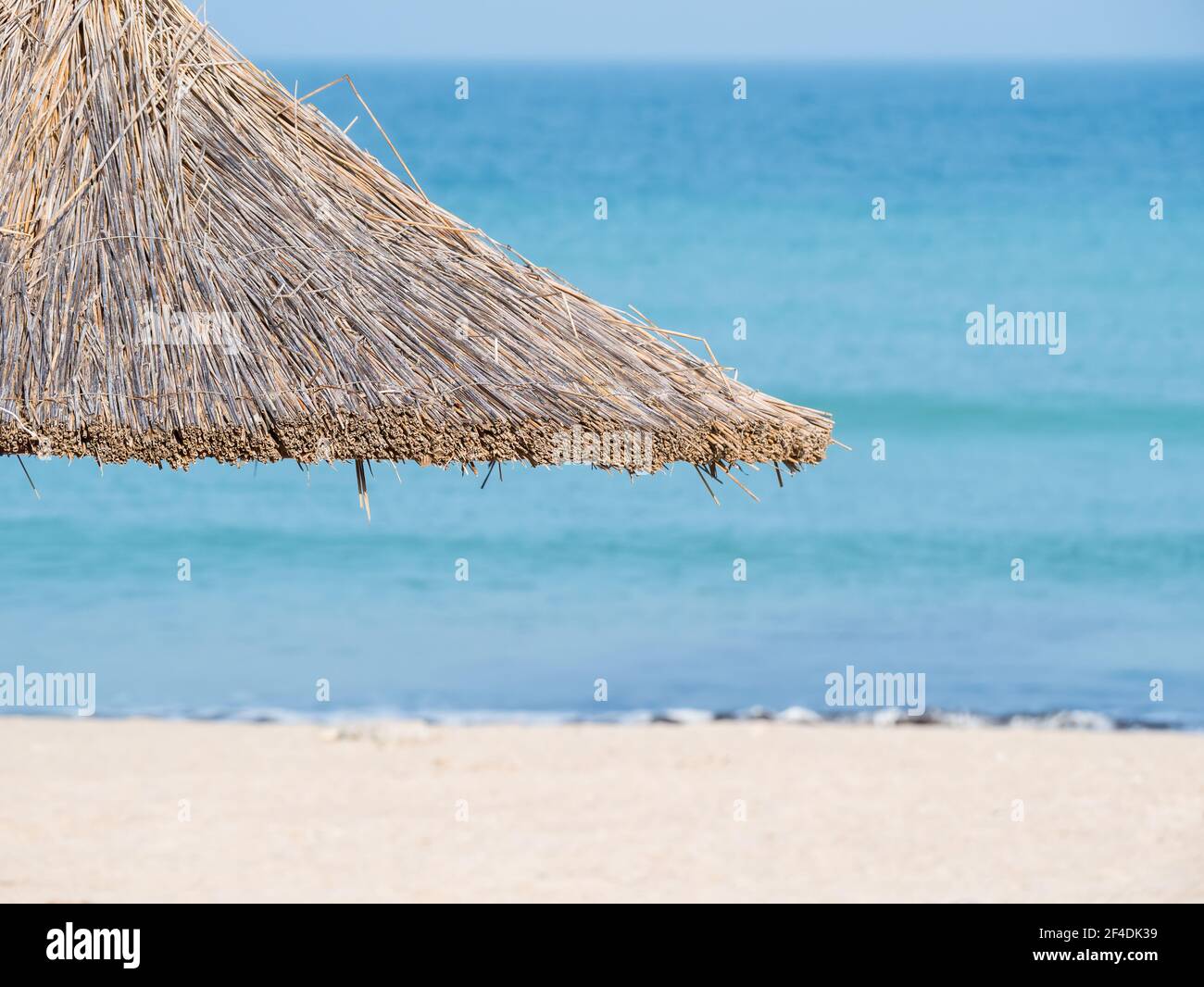 Sommerlandschaft mit Strohschirmen am Strand in Mangalia oder Mamaia. Strand am Schwarzen Meer in Rumänien. Stockfoto