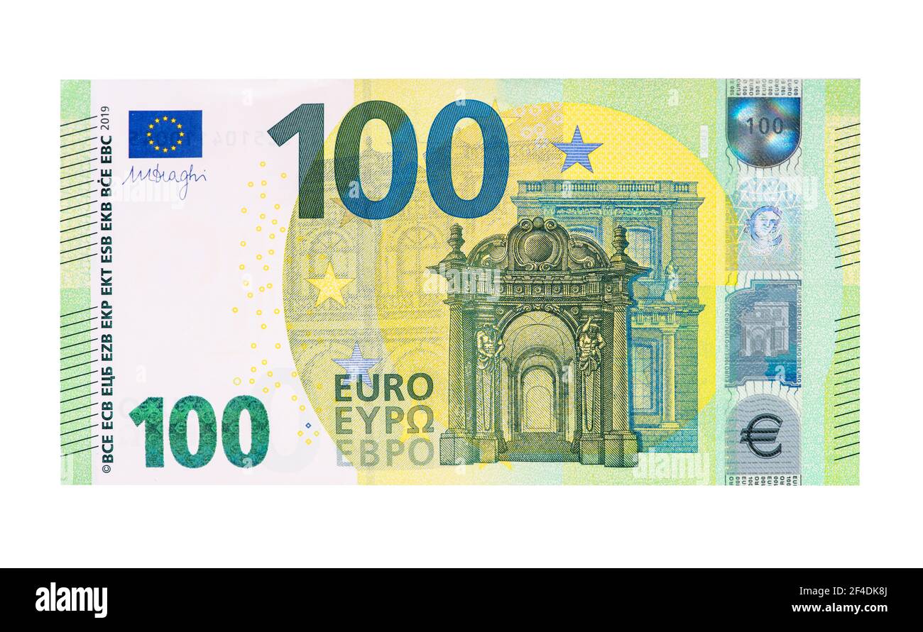 10-Euro-Banknote auf weißem Hintergrund. Stockfoto