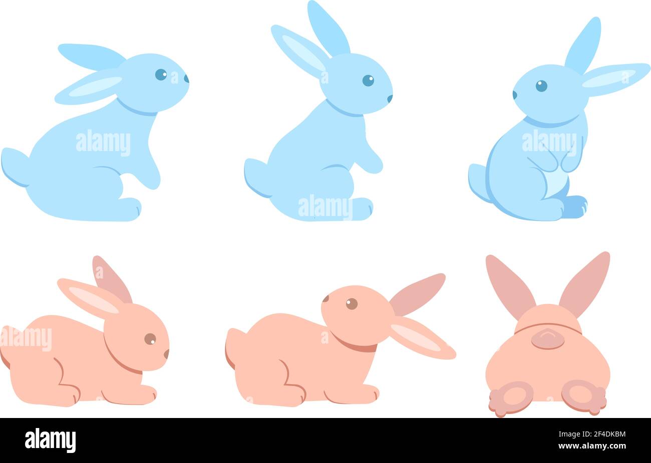 Ein Satz niedlicher Kaninchen. Sechs farbige sitzende und liegende Hasen auf weißem Hintergrund. Festliche Osterhasen. Vektorgrafik Stock Vektor