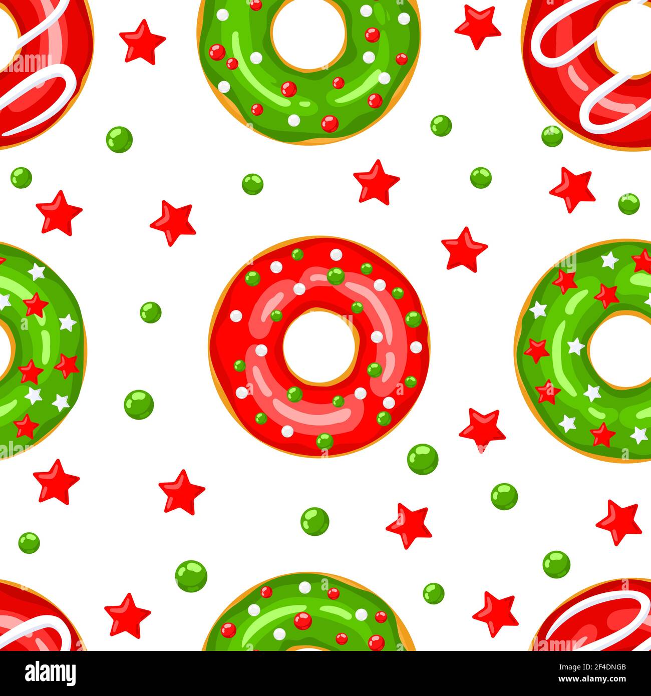 Christmas Donuts - Vektor nahtlose Muster für Stoff, Geschenkpapier, Tapete, Hintergrund für die Website. Festliche PaChristmas Donuts - Vektor nahtlose Muster für Stoff, Geschenkpapier, Tapete, Hintergrund für die Website. Festliches Muster aus roten und grünen Donuts mit Sternen und Kugeln auf weißem Hintergrund.Ttern aus roten und grünen Donuts mit Sternen und Kugeln auf weißem Hintergrund. Vektorgrafik Stock Vektor