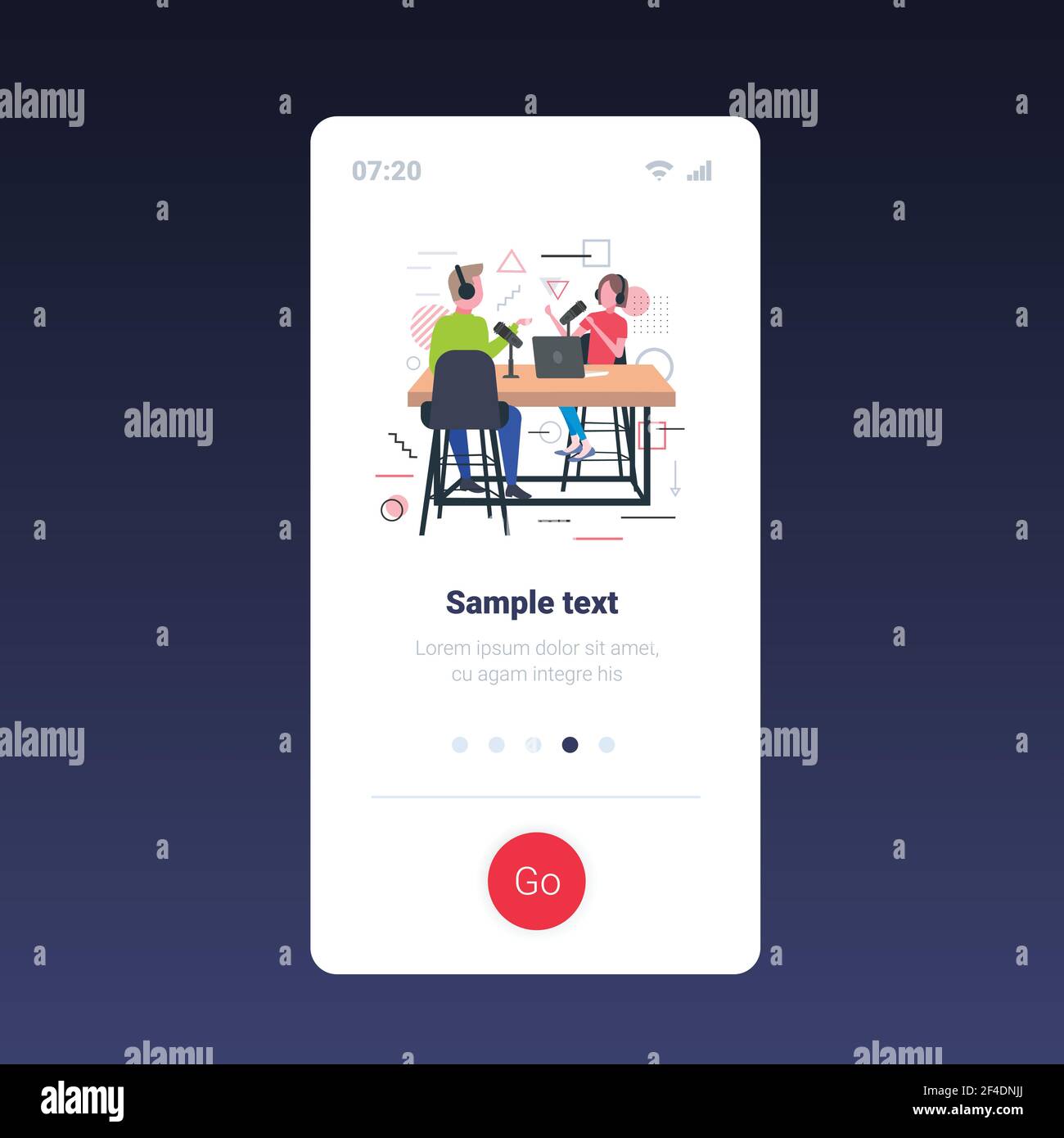 Podcasts im Gespräch mit Mikrofonen Podcast im Studio Podcasting online aufnehmen Radio Konzept Mann in Kopfhörer interviewte Frau Rundfunk voll Stock Vektor