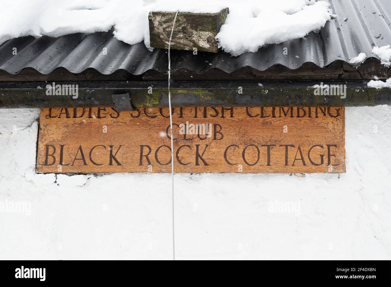 Black Rock Cottage - Ladies Scottish Climbing Club Schild - Glen Coe, Schottland, Großbritannien Stockfoto