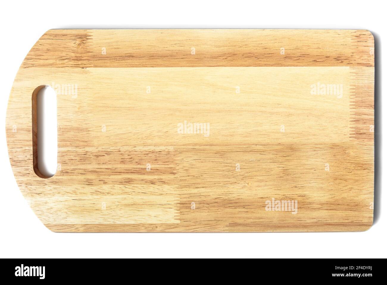 Holzschnittplatte isoliert auf weißem Hintergrund, Draufsicht auf neue Schneidebrett aus geklebten Planken. Holzbrett Oberfläche mit Natur Textur, inländische Stockfoto