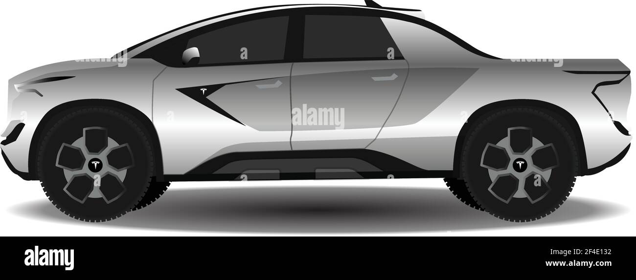 Tesla Modern Electric Car. Silhouette schwarze Illustration auf weißem Hintergrund. Vektor 8 eps Stock Vektor