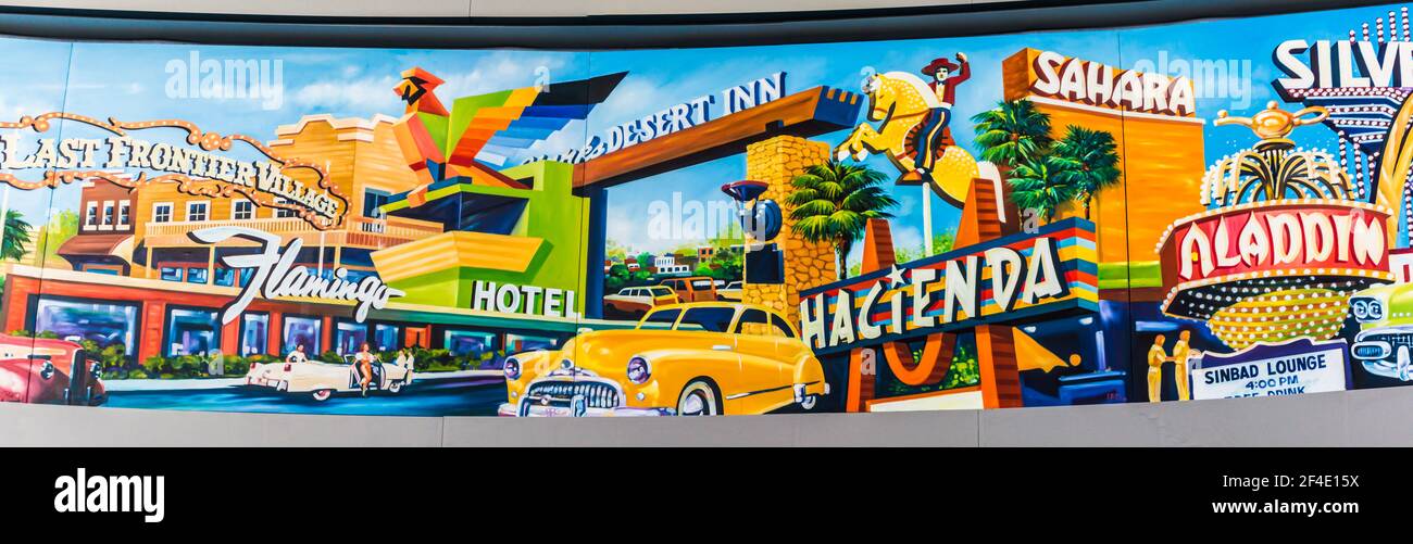 The Mural 'Echoes of Las Vegas' von Adolfo R. Gonzalez im McCarran International Airport, Las Vegas, Nevada, USA Stockfoto