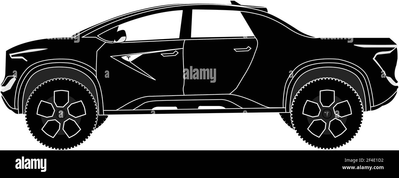 Tesla Modern Electric Car. Silhouette schwarze Illustration auf weißem Hintergrund. Vektor 8 eps Stock Vektor