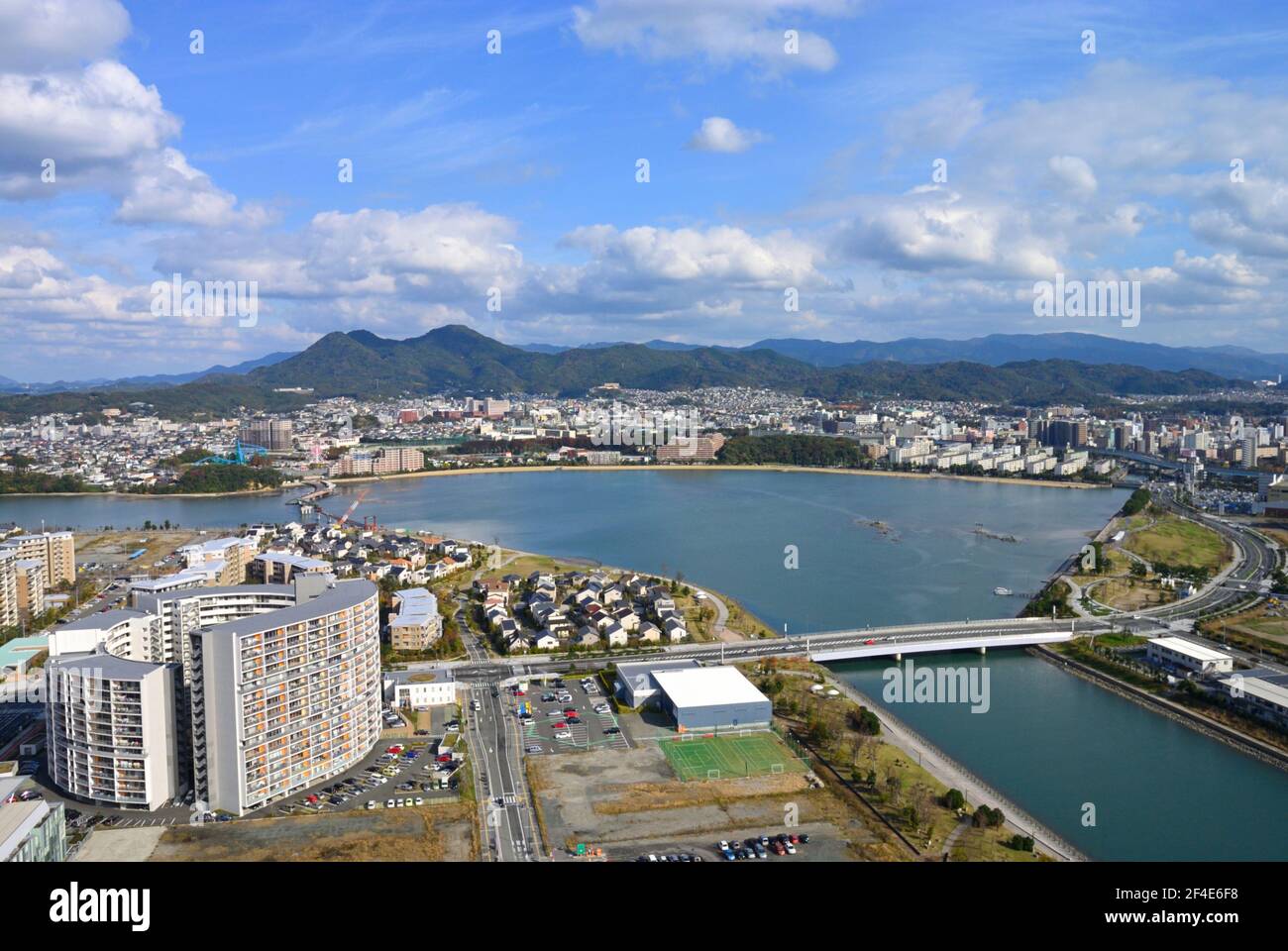Die moderne Inselstadt und der Bezirk Kashii in Higashi-ku (vom Island Tower Sky Club aus gesehen), Fukuoka JP Stockfoto