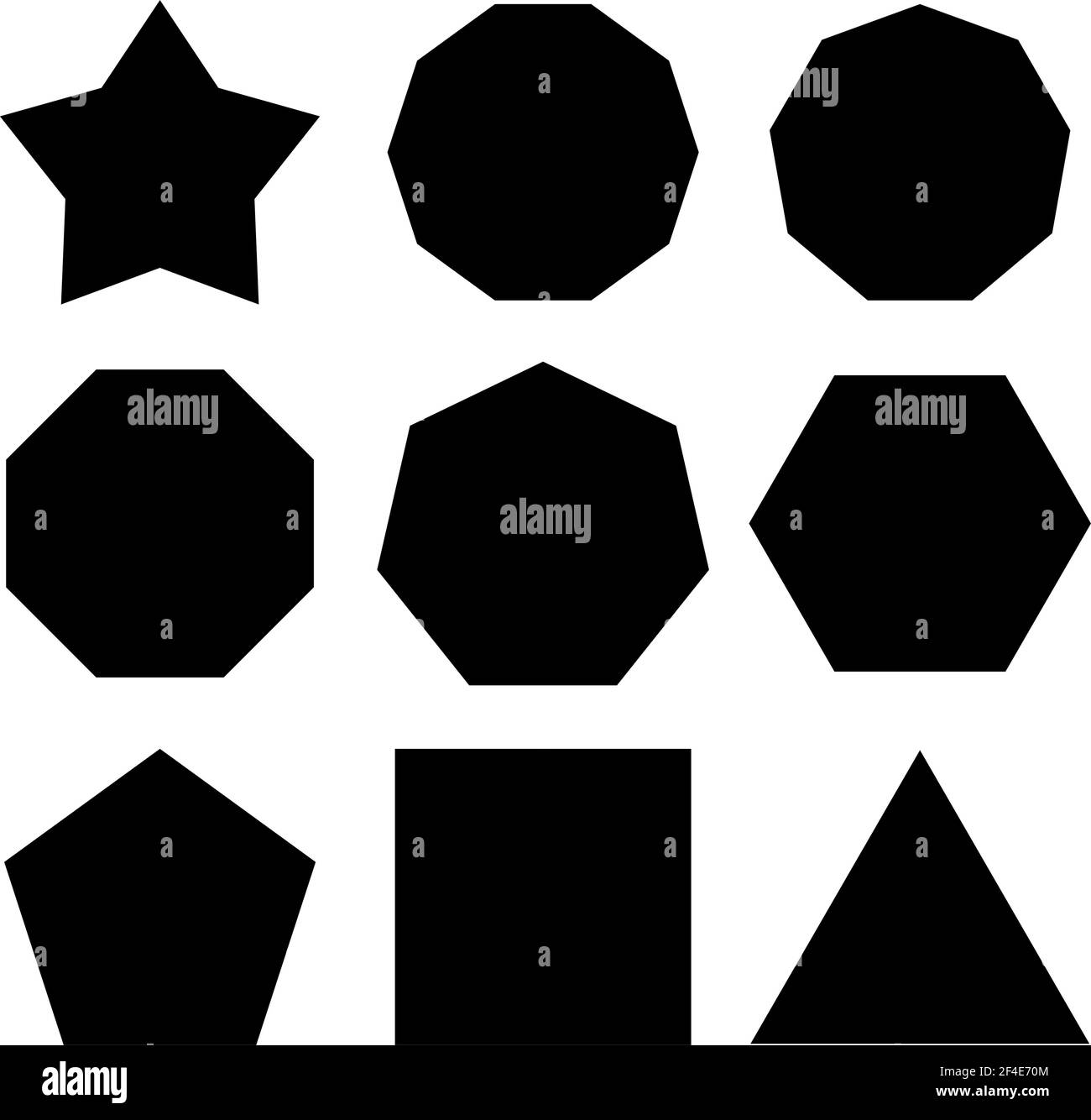 Polygonsatz. Basis-Shapes-Set. Stern, Sechskant (Decagon), Nonagon (neun Winkel), Achteck, Heptagon, Sechseck, Pentagon, Quadrat, Dreieck geometrischen Formen Stock Vektor
