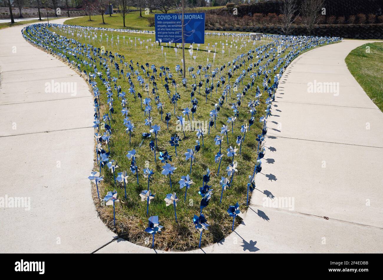 Creve Coeur, Usa. März 2021, 20th. Am Samstag, den 20. März 2021, wird im Missouri Baptist Hospital in Creve Coeur, Missouri, ein Denkmal für diejenigen ausgestellt, die an der COVID-19-Krankheit erkrankt sind. Das Krankenhaus erhielt am 19. März 2020 die Bestätigung seines ersten bestätigten Patienten mit COVID-19. Ein Jahr später ehrt Missouri Baptist die 1.550 Patienten, die sich von dem Virus mit lila Pinwheels erholt haben, während die 270, die an dem COVID-19-Virus gestorben sind, mit weißen Herzen geehrt werden. Foto von Bill Greenblatt/UPI Kredit: UPI/Alamy Live News Stockfoto