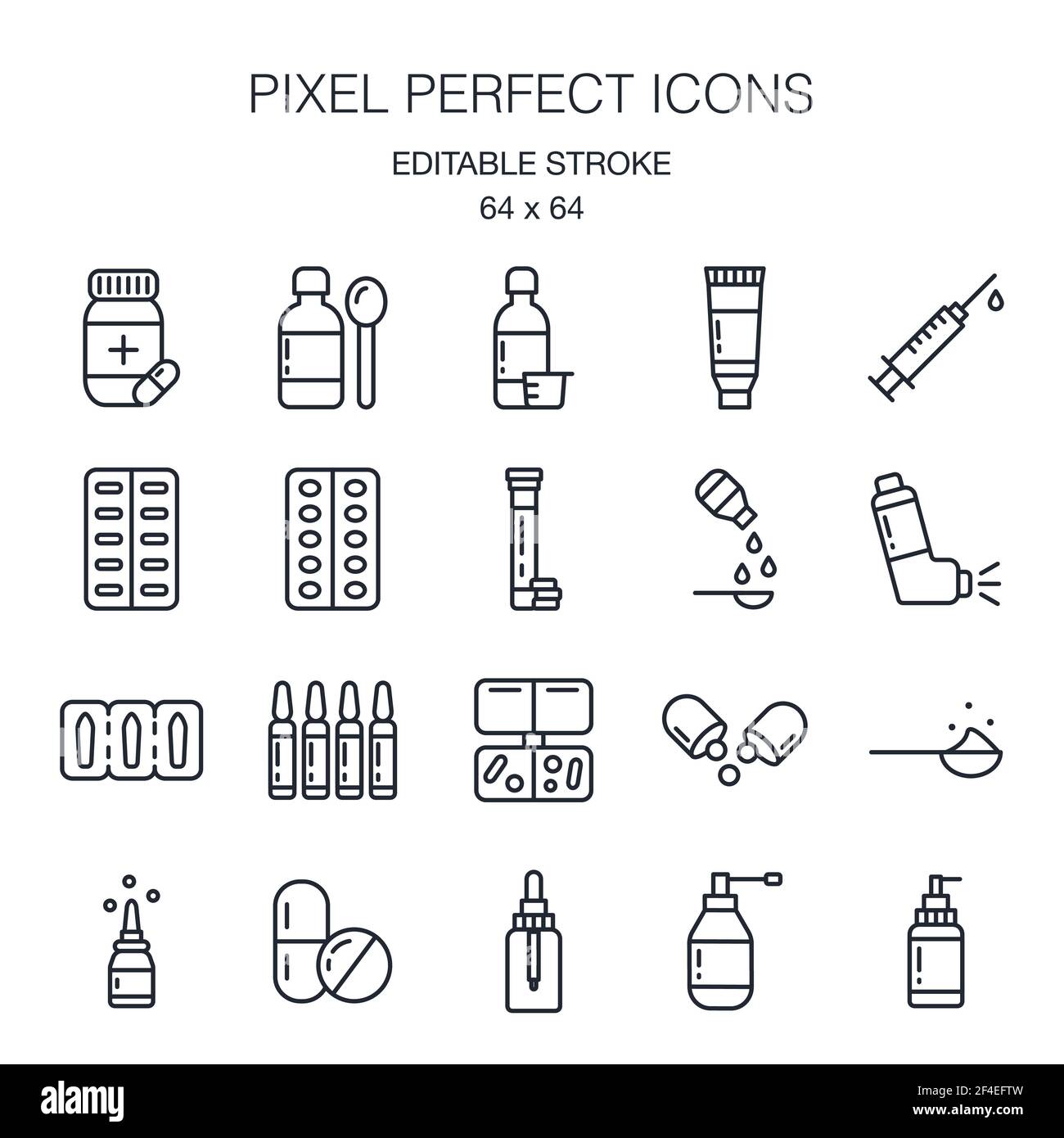 Pharmazeutische Darreichungsformen editierbare Kontur Icon Pack isoliert auf weißem Hintergrund Vektor-Illustration. Pixel perfekt. 64 x 64. Stock Vektor