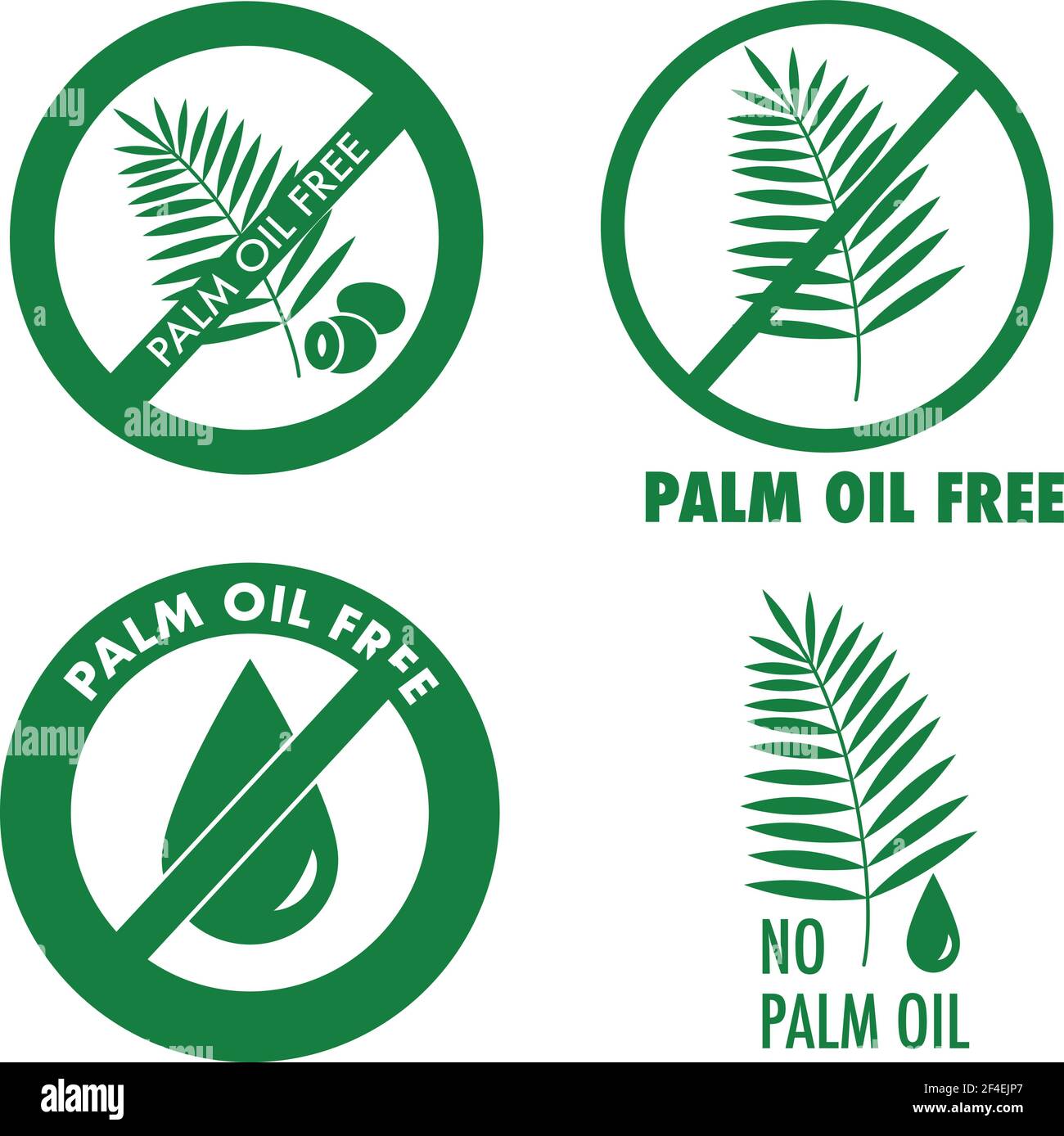 Palmöl frei, keine Palmöl-Symbole. Grüne Logo-Etiketten isoliert auf weißem Hintergrund. Stock Vektor