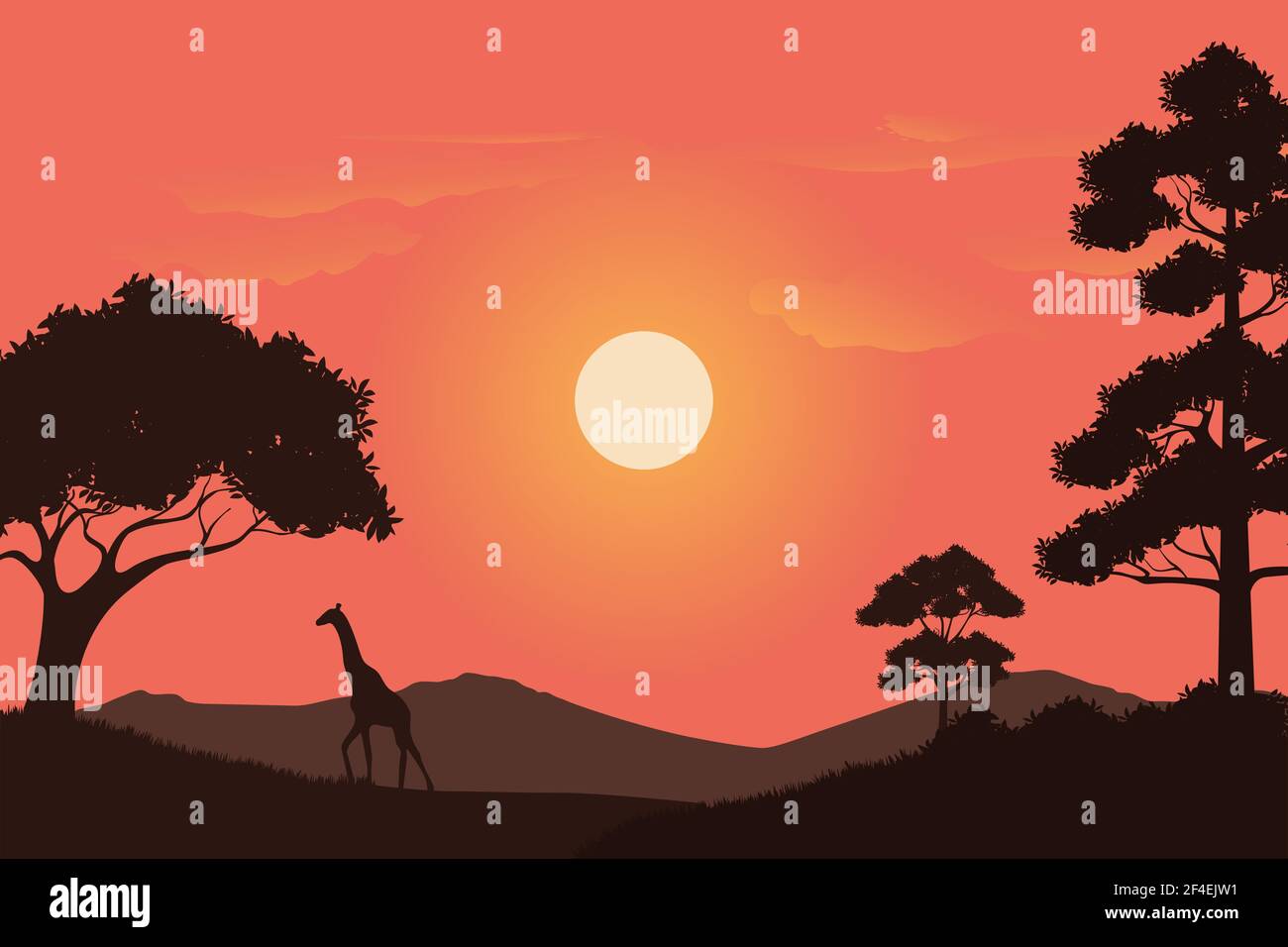 Vektor-Illustration von Grasland-Landschaft bei Sonnenuntergang in Afrika. Hintergrund-Design-Konzept der Wildnis mit orangen Farbverläufen in der Dämmerung Stock Vektor